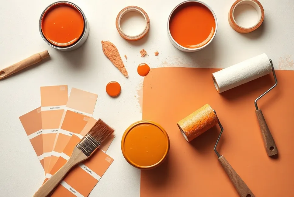 Pots de peinture, nuancier, brosses et rouleaux disposés à plat