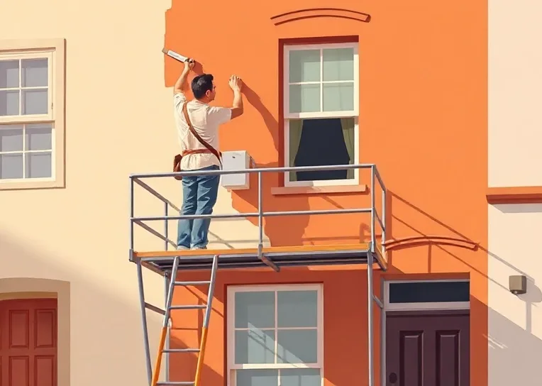 Peintre sur échafaudage traitant la façade d'une maison
