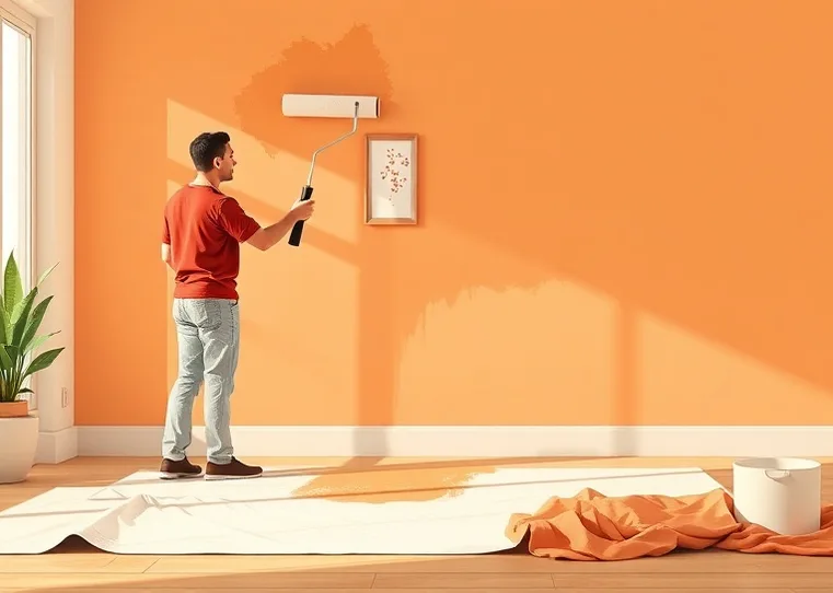 Peintre appliquant la peinture au rouleau sur un mur de salon