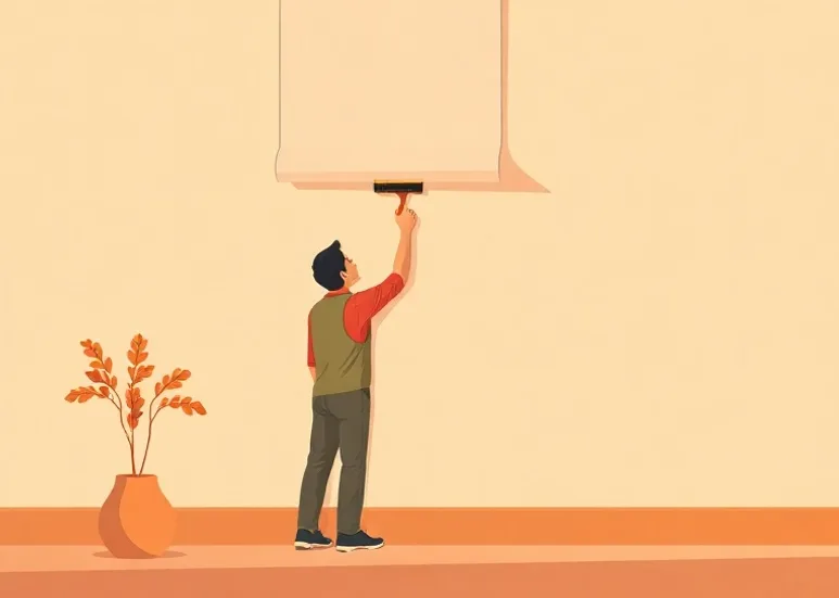 Pose de papier peint, rouleau et brosse à maroufler